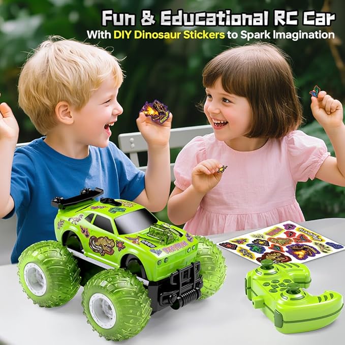 Remote Control Car for Toddler Monster Truck for Boy Age 4-7 with Dinosaur DIY Sticker Headlight Colorful Light Spin and Mist Birthday Gift Toy for Boy Age 3-5 5-7