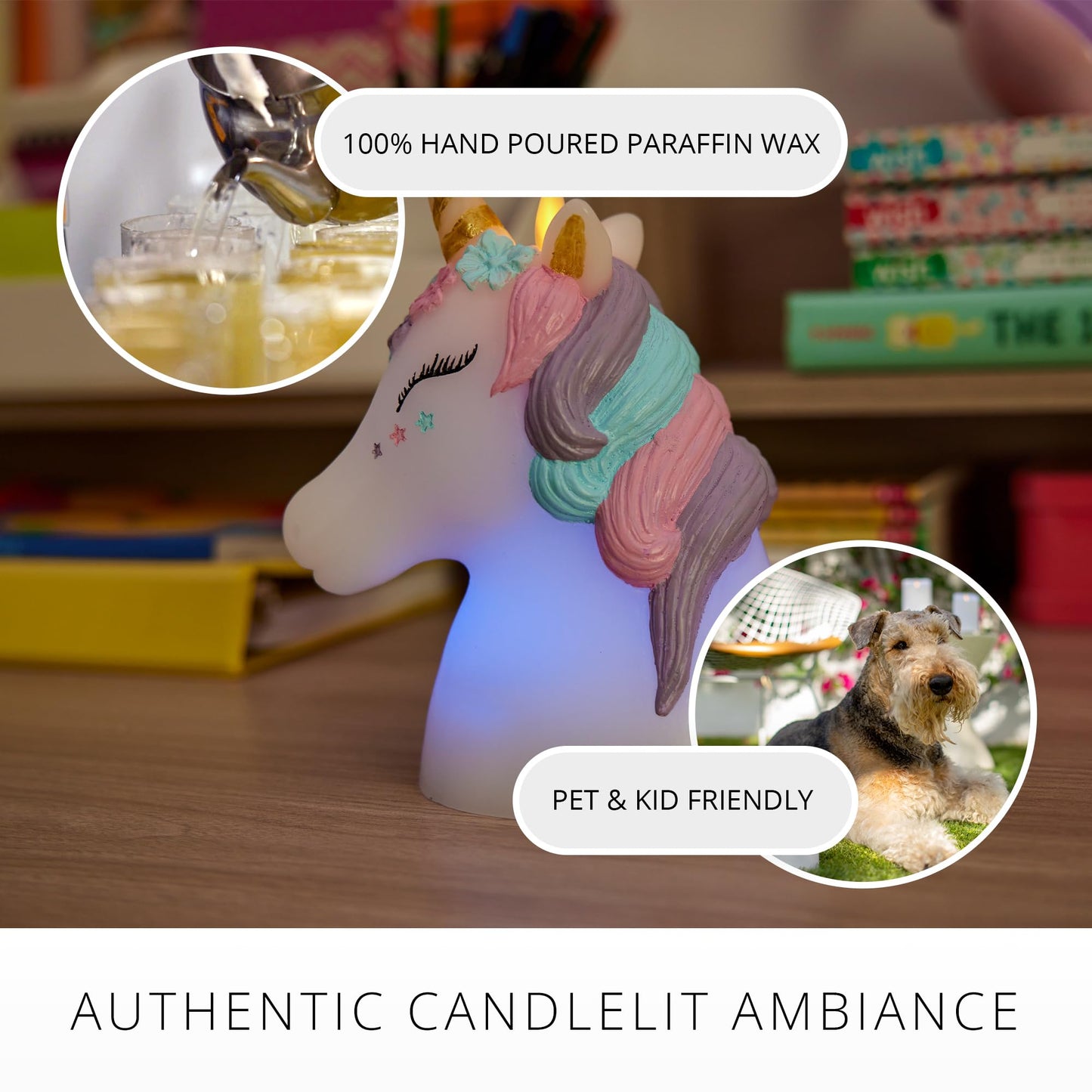 Luminara Flameless Unicorn Figural Color Changing LED Candle, 6.3" x 6.7", Battery Operated w/ 18 Button Remote Control, Real Wax, Unscented Safe