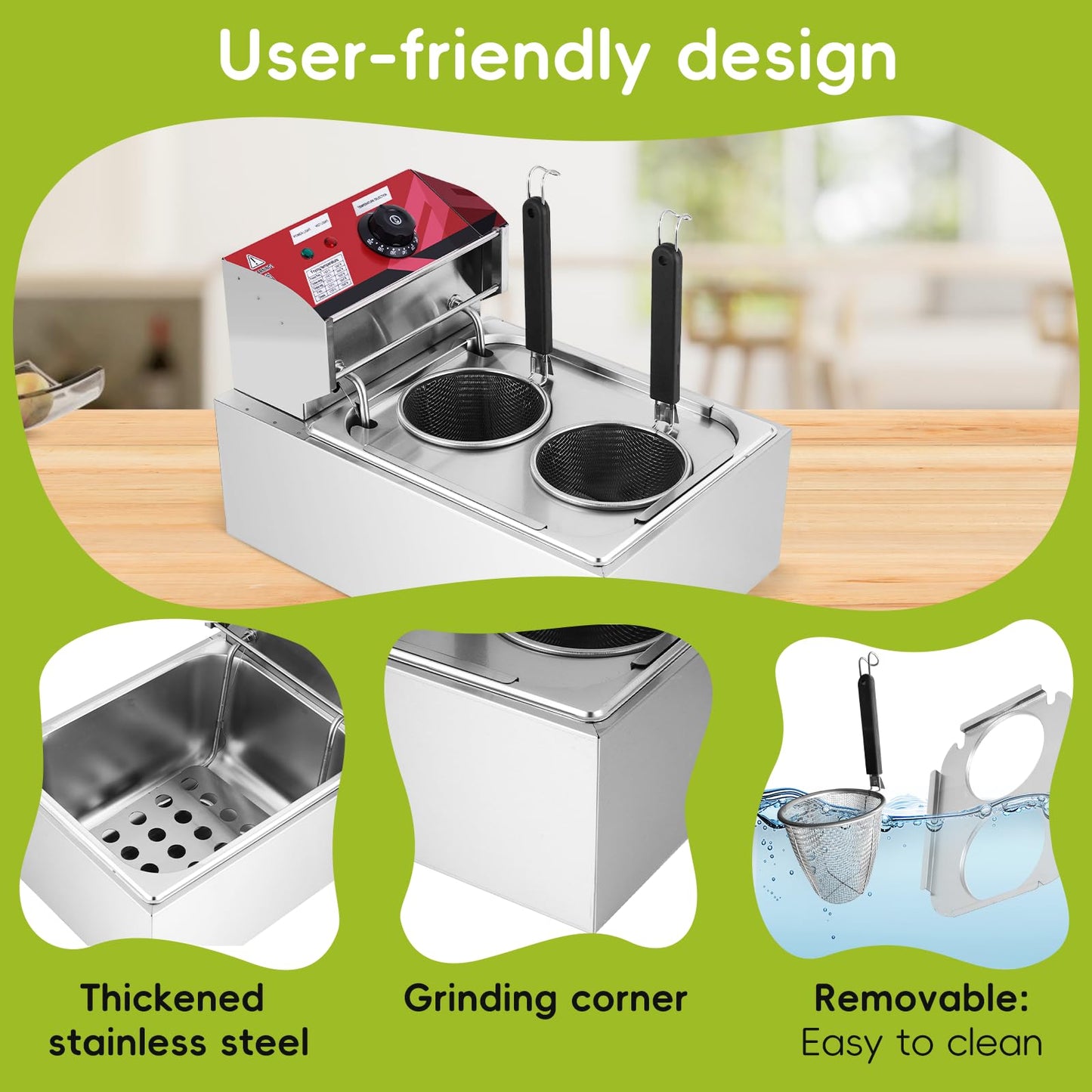 JIAWANSHUN 2 Holes Commercial Pasta Cooker,110V Stainless Steel Noodle Maker, Adjustable Temp (60-200℃/140-392°F), Fast Cooking for Restaurant Dumplings Vegetables