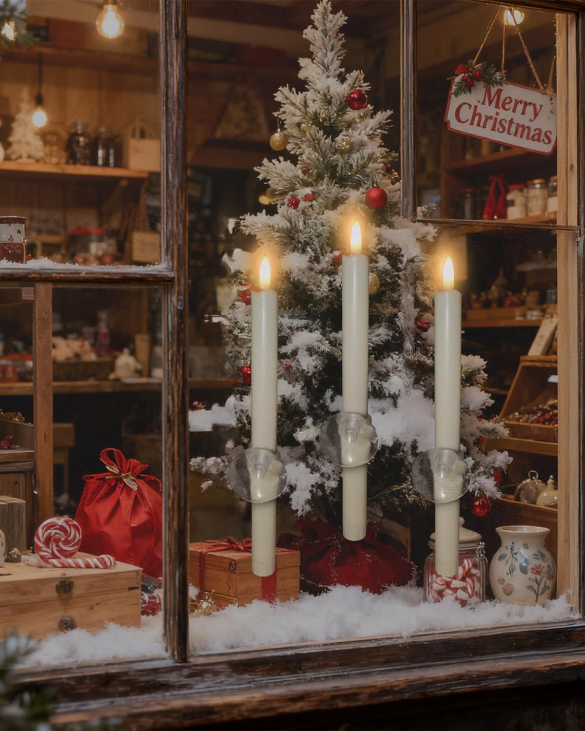 SUNGEGE Christmas Window Candles 6-Pack with Remote Timer (2/4/6/8H), Battery Operated Flameless LED for Windows, Includes Suction Cups, Bases & 2 Remotes – Holiday Decor