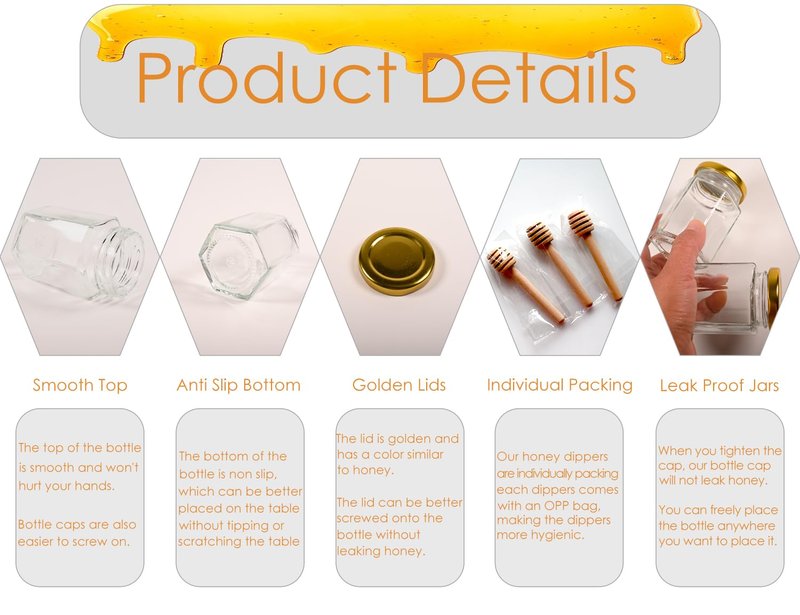 Adabocute 4oz Hexagonal Honey Jars - Glass Honey Jars with Gold Lids, Wooden Dippers, Bee Charms and Jutes - Hexagon Jars for Baby Shower, Wedding and Party Favors, 12 Pack