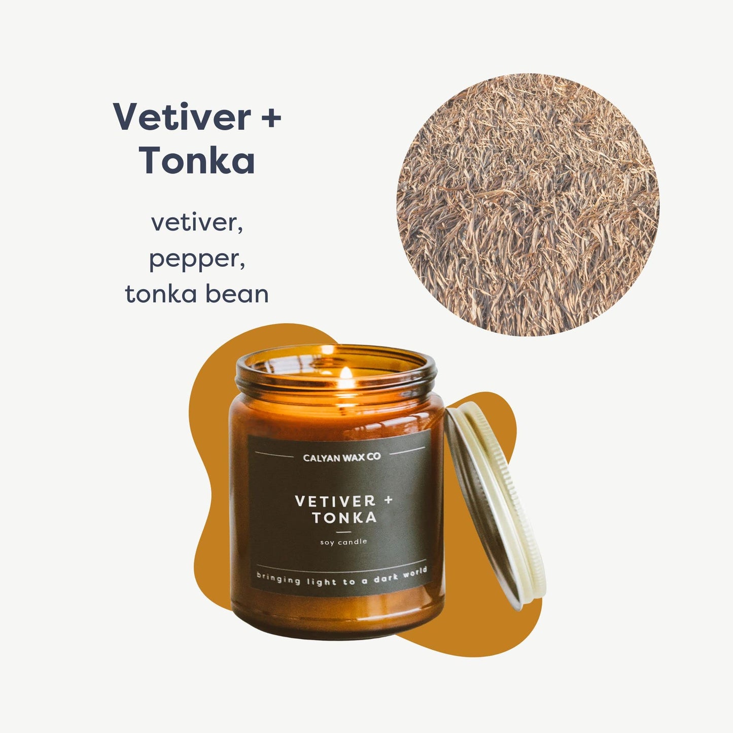 Calyan Wax Co. Vetiver & Tonka Scented Candle - 57 Hour Burn - Luxury Clean Soy Wax Candles - Long Lasting Amber Glass Jar Candle for Home - 7.2oz