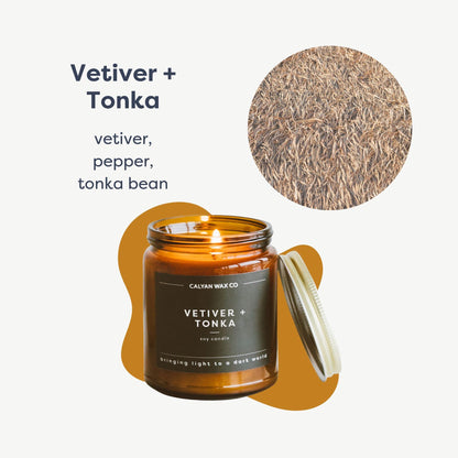 Calyan Wax Co. Vetiver & Tonka Scented Candle - 57 Hour Burn - Luxury Clean Soy Wax Candles - Long Lasting Amber Glass Jar Candle for Home - 7.2oz