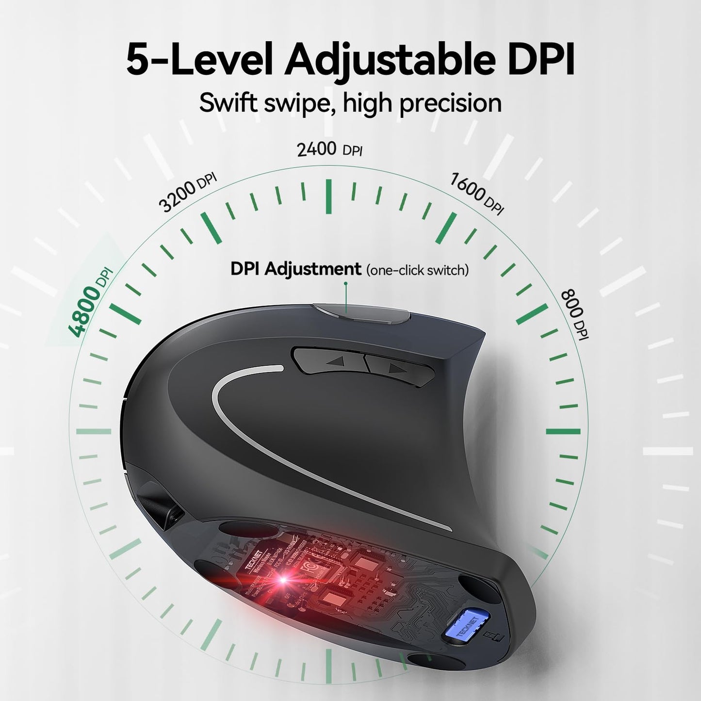 TECKNET Ergonomic Mouse, Rechargeable Vertical Ergo Mouse Wireless 800-4800 Levels 5 Adjustable DPI, Silent 2.4GHz Optical Carpal Tunnel Mouse for Right Hand, USB Wireless Mice for Laptop, PC