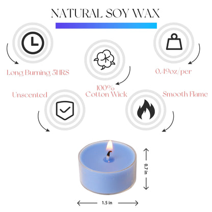 MUUFAZA 12 Unscented Natural Soy Tealight Candles in Clear Cups, 5H Long Clean Burning, Hand-Poured Blue Mini Tea Candle Set for Parties, Spa, Meditation, Gift, Holiday, Emergency, Home Decor
