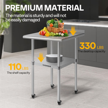 VIVOHOME 24 x 24 Inch Stainless Steel Work Table with Backsplash, Prep Commercial Table with Wheels for Restaurant, Hotel, Home and Warehouse