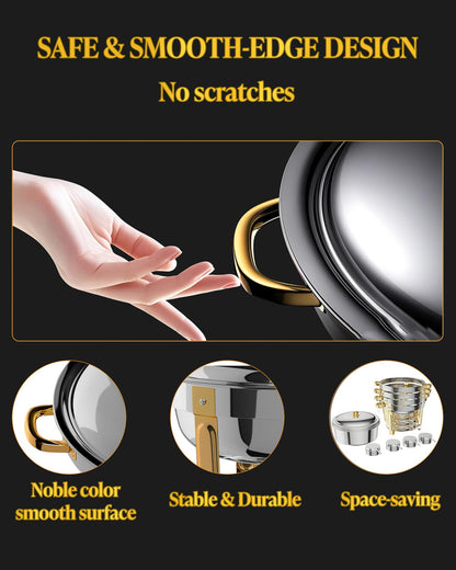 Chafing Dishes for Buffet 4 Pack, 6QT Round Stainless Steel Buffet Food Warmers with Elegant Gold & Silver Accents, Complete Set for Weddings, Parties, Catering Events & Holiday Gatherings