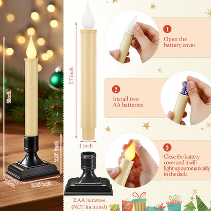 Yungyan 12 Set 8.8 Inch Christmas Window Candles with Sensor Dusk to Dawn Bulk Battery Operated Window Lights with Suction Cups and Holders Flameless LED Taper Candles for Xmas Home Decor(Classic)