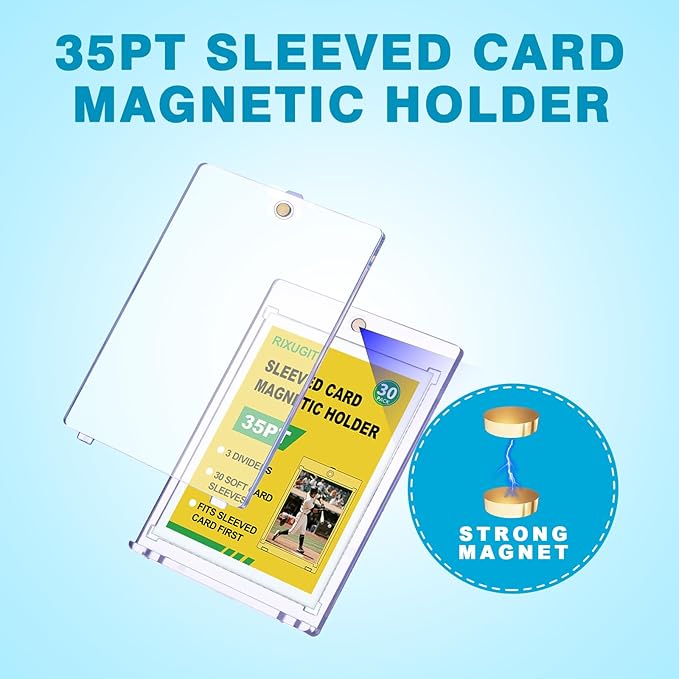 30-Pack Sleeved Card Magnetic Holders - 35pt One Touch Card Holder Includes 30 Soft Soft Card Sleeves Insert Card into Sleeve First Then into Holder Fits Trading Cards Baseball &amp Game Card