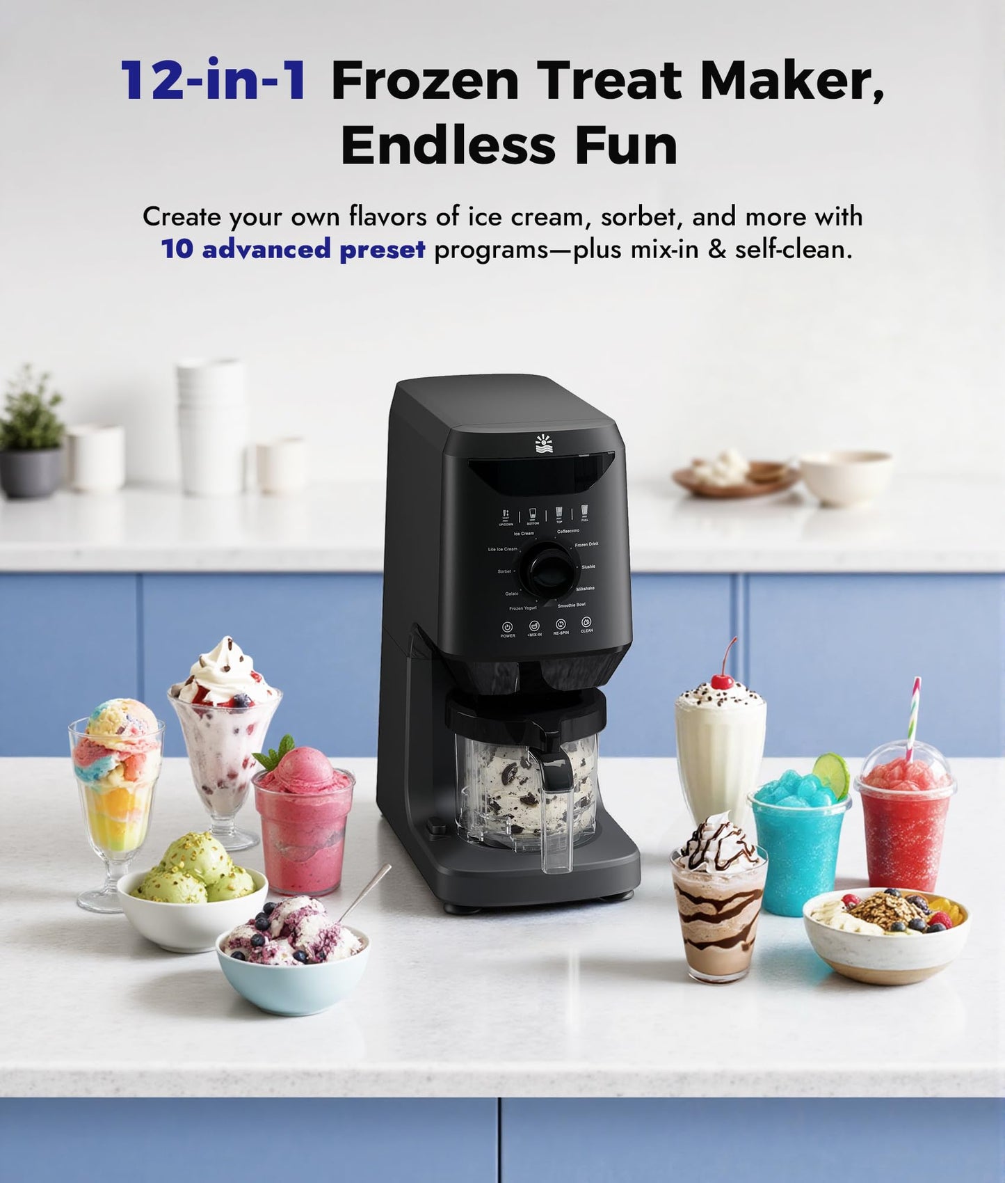 Oylus 12-in-1 Ice-Cream Maker Machine - 11 Preset Programs & Self-Cleaning, Healthy Frozen Yogurt Maker for Gelato, Slushies, Sorbet, Mix-ins & More, Includes (2) Pint Containers for Home & Party