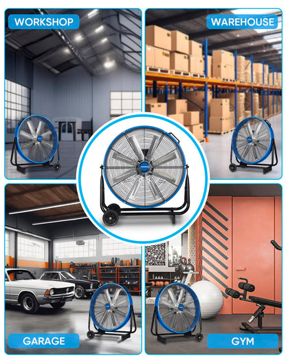 KEN BROWN 24 Inch Industrial Drum Fan, High Velocity Floor Shop Fan, Heavy Duty, 9500 CFM, 8 Blades, 3 Speeds, 360 Degree Tilt, Ideal for Industrial, Commercial, Gym, Garage Use, Blue