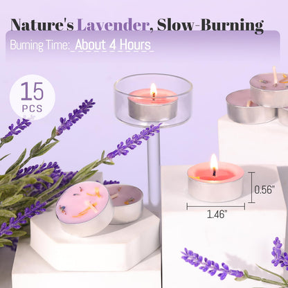 HAVITI 15 Pcs Lavender Scented Tealight Candles, Tea Lights Candles, 4H Smokeless Palm Wax Purple Tea Candle for Weddings,Christmas,Spa, Bath