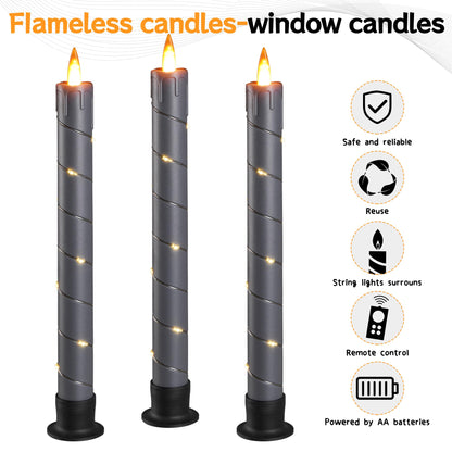 3 Pack Gray Dripping Wax Flameless Candles, Realistic Dynamic Flame LED Taper Candles with Surrounding Fairy String Lights, Remote Control Battery Operated Candles for Home Wedding Holiday Decor
