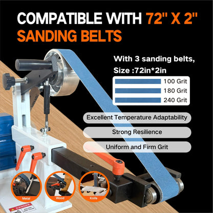 Belt Grinder Sander, 1500W 2HP Polishing Grinding Machine, 72x2 Inch Belts,Variable Speed Belt Polisher with VFD, 3 Grit Options, Arc/Circular/Flat Grinding, Industrial Metal Working Machine
