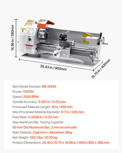 VEVOR Metal Lathe Machine, 8.7 x 18 in, Precision Bench Power Metal Lathe, Automatic Feed, 0-2500 RPM Variable Speed, 1250W Brushless Motor, for Processing Precision Parts Soft Metals Wood Plastics
