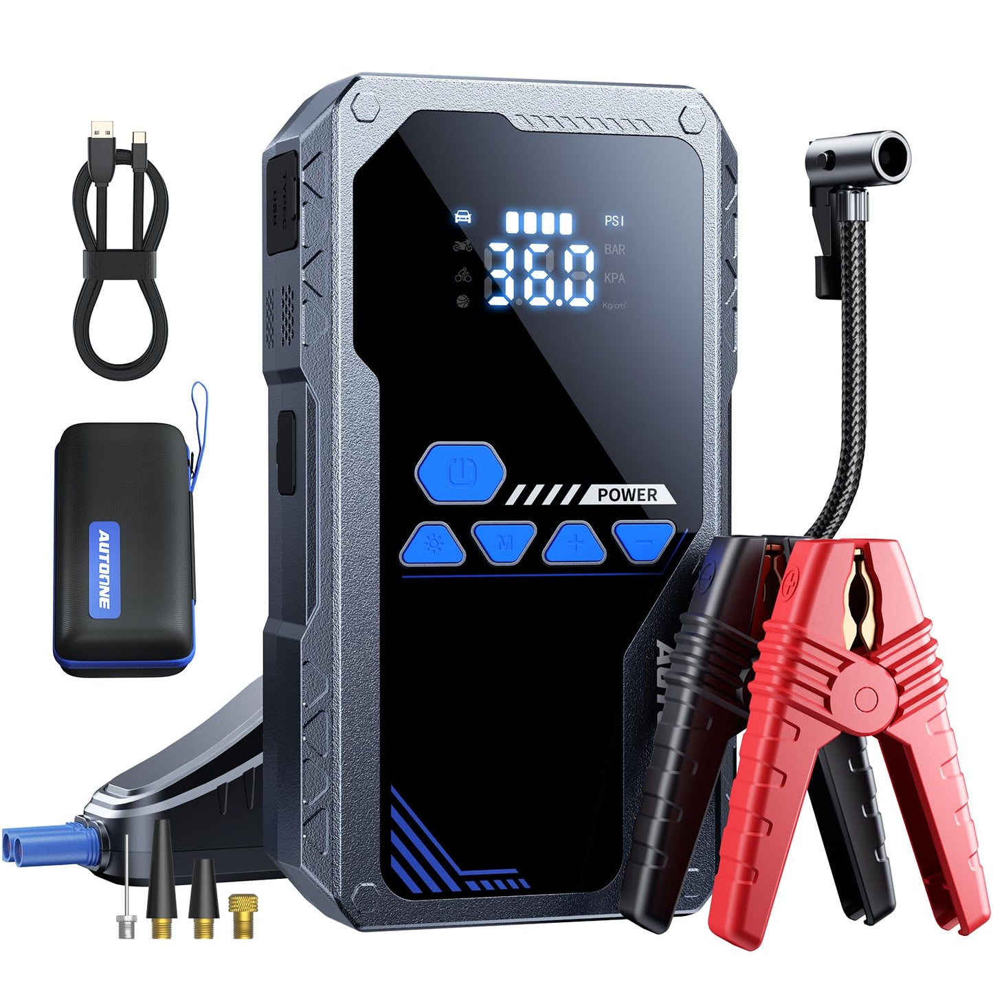 AUTOONE JWA2 Jump Starter with Air Compressor (All Gas/12L Diesel), 150PSI Car Jumper Starter Portable, Jump Box Tire Inflator with LED Flashlight, LCD Display, Storage Case