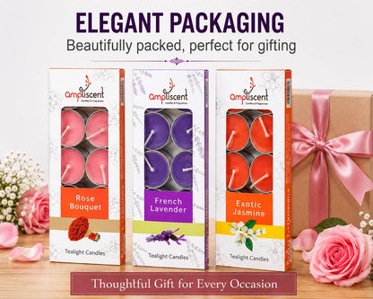 Ampliscent TeaLights Candles I Rose + French Lavender + Jasmine I Pack of 3-30 Premium Tealights I Long-Lasting Aroma | Scented Wax Tealights for Home Decor, Meditation, Christmas & Holiday Gifts