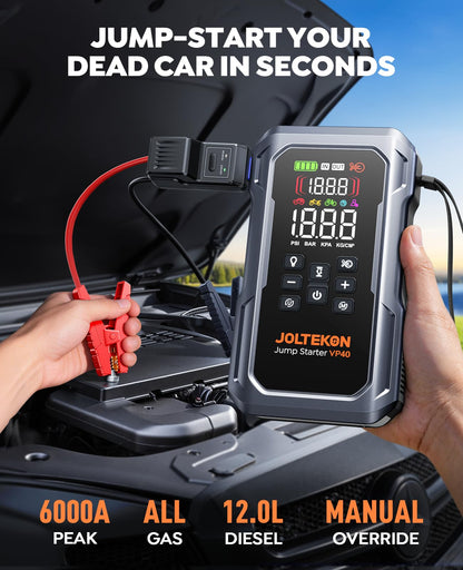 JOLTEKON 6000A 160PSI 9-in-1 Car Battery Jump Starter with Air Compressor & Air Blower (All Gas 12L Diesel), Battery Jumper Starter Portable Jump Box for Car Battery with 800LM Light/18W Fast Charge
