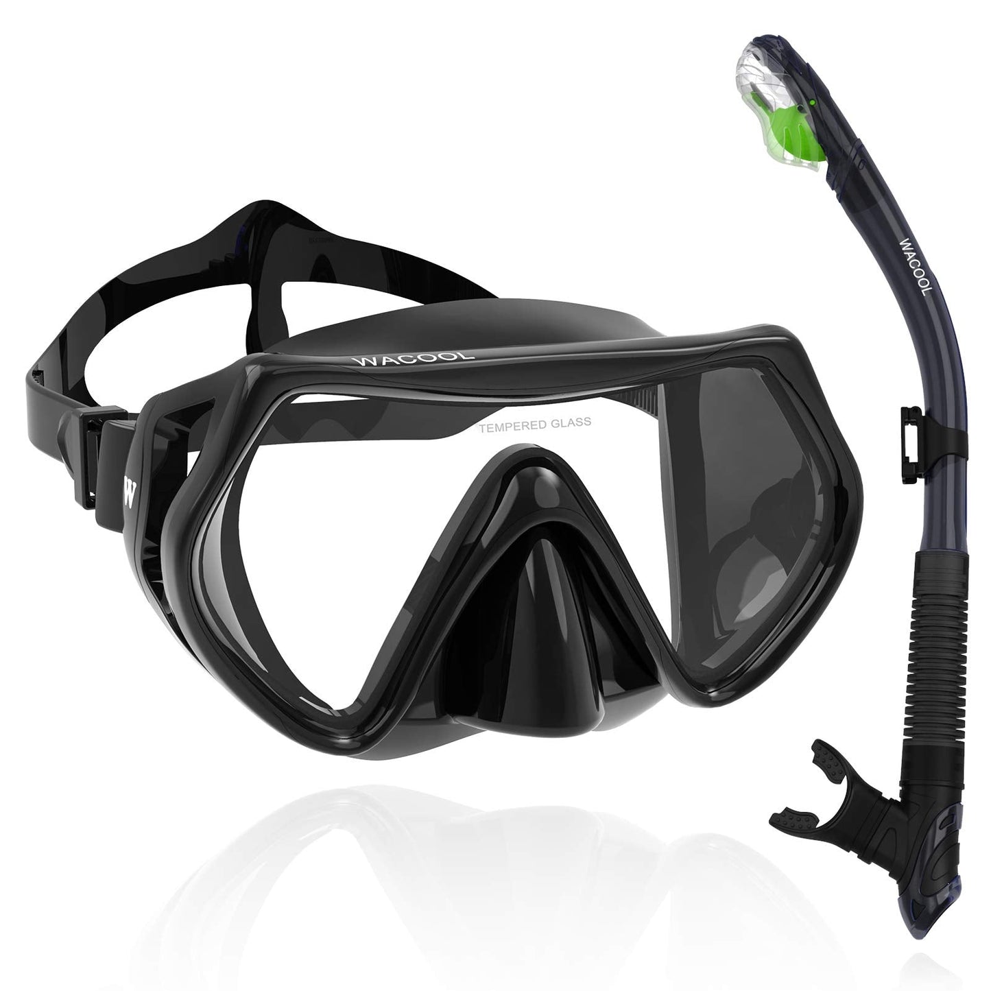 WACOOL Professional Snorkeling Snorkel Diving Scuba Package Set with Anti-Fog Coated Glass Purge Valve and Anti-Splash Silicon Mouth Piece for Men Women (Adults,Black)