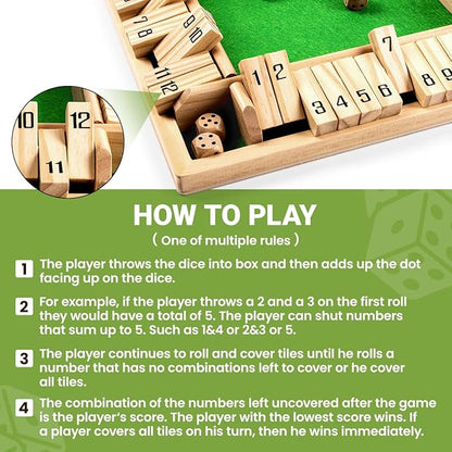 ropoda Shut The Box Game Upgraded 12 Numbers Wooden Board Games for Adult and Kids Shut The Box Dice Game -Addition Training Fun for Family Game Night