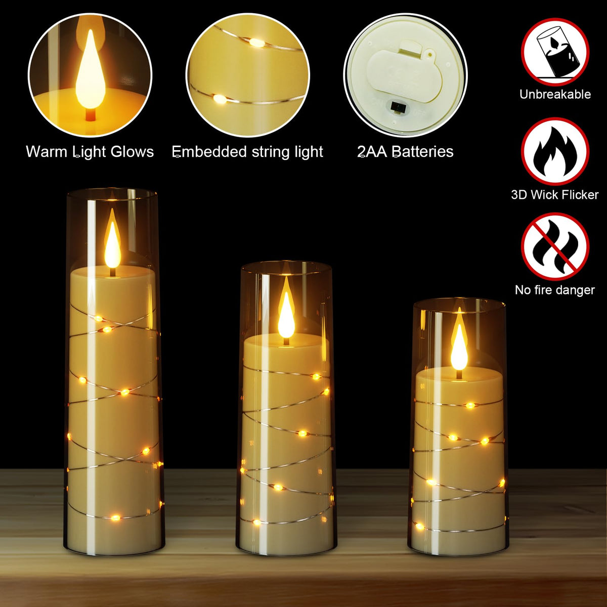 Wondise Flameless Flickering Candles with Embedded Star String Remote and Timer Battery Operated Flickering LED Candles Durable Acrylic Shell Pillar Candles for Christamas Home Decoration (Grey