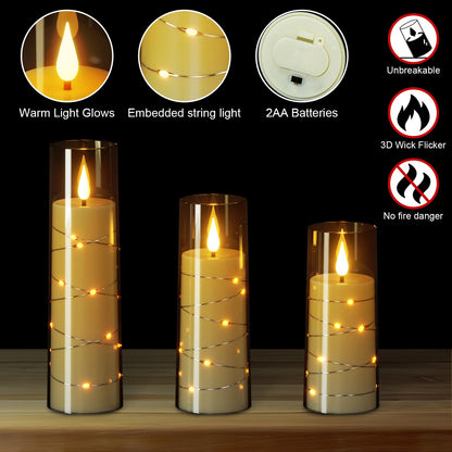 Wondise Flameless Flickering Candles with Embedded Star String Remote and Timer Battery Operated Flickering LED Candles Durable Acrylic Shell Pillar Candles for Christamas Home Decoration (Grey