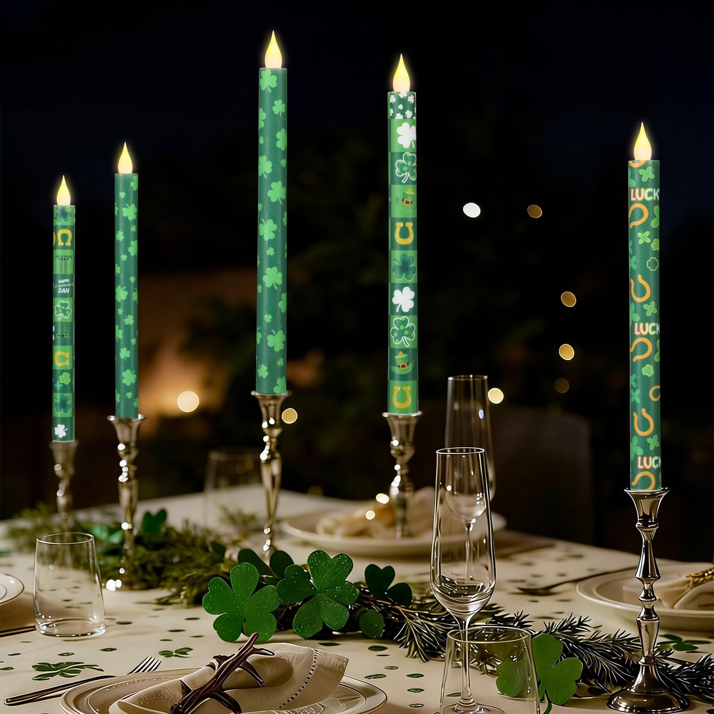 LCZLUMIPRO 6Pcs St. Patrick' s Day Flameless Taper Candles, 10.63" Green Battery Operated LED Shamrock Candles with Lucky Charms,Remote Timer, Candlesticks,Irish Party Favor Gifts for Home Table Decor