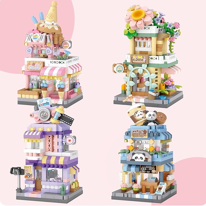 4 Mini City Shop Street View Building Blocks Model SetSimulation Architecture Collection Particle Construction Building Bricks ToyHome Decoration