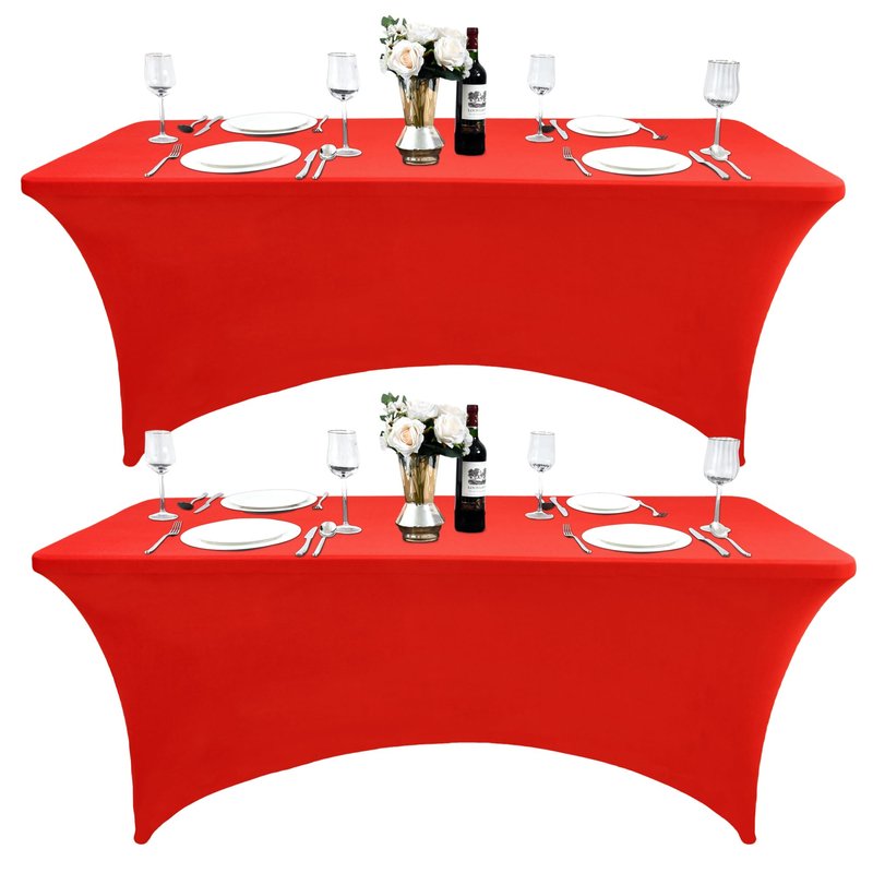 ZarzaaSik 10-Pack 8ft Red Spandex Table Covers for Rectangle Folding Tables - Washable Elastic Tablecloth - Ultimate Fitted Table Protector for Parties, Trade Shows, Banquet, and Wedding