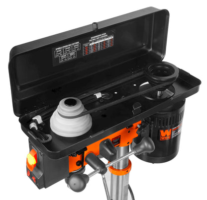 WEN 10-Inch Benchtop Drill Press, Chuck Key Storage, Laser Guide, 6.2-Amp 5-Speed Motor with Cast Iron Construction, Laser and LED Work Light (DP1050)