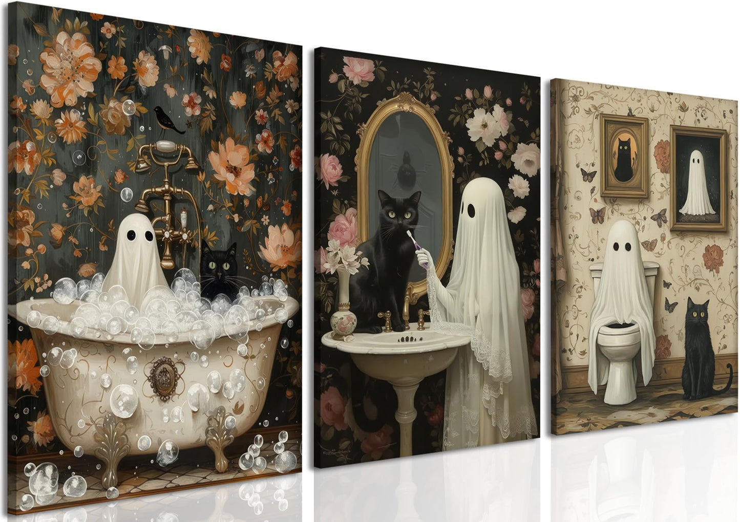 Halloween Ghost Bathroom Wall Art Set of 3, Funny Gothic Wall Decor Dark Academia Decor Pictures, Horror Ghost and Black Cat in Bathroom Poster Canvas Prints 16x24 inch Framed
