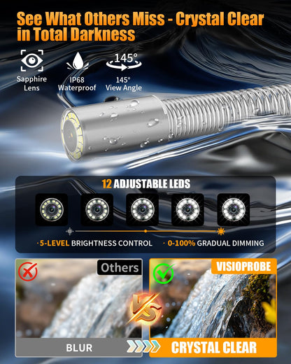 Sewer Camera 100ft, Drain Camera 4.3" with 23mm 1080P Probe, 8500mAh, 32GB Audio & Video Record, IP68 Waterproof for Drain Pipe, Plumbing & Industrial Inspection, Endoscope Camera with Light(12 LEDs)