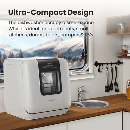COMFEE' Countertop Dishwasher, Portable Dishwasher with 6L Built-in Water Tank, Mini Dishwasher with More Space Inside, 7 Programs, UV Hygiene& Auto Door Open, for Apartments, Dorms& RVs, White