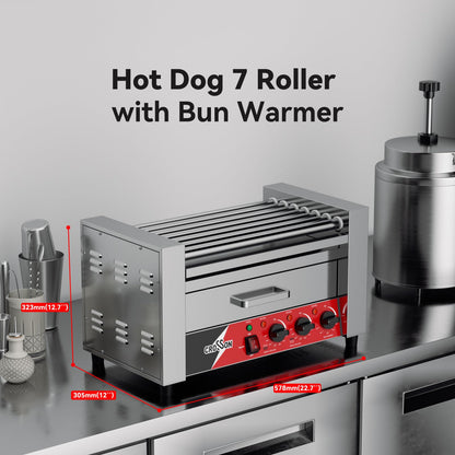 CROSSON Hot Dog 7 Roller with Bun Warmer,Commercial 7 Nonstick 304 Roller Grill Cooker Machine-120V, 1350W