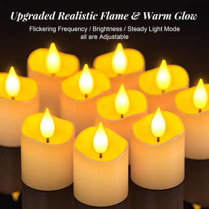 PChero Rechargeable Flameless Tea Lights Candles with Remote Timer, 12 PCS Flickering Electric Fake LED Votive Candles with 2 USB Charging Cables for Wedding Christmas Fall Home Decor