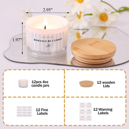 12 PCS White Candle Jars for Making Candles, 4 OZ Glass Jars with Bamboo Lids and Sticky Warning Labels, Candle Containers for DIY Gifts, Candle Making Supplies