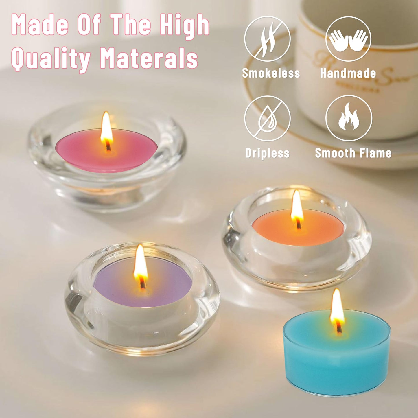 Scented Tea Light Candles 12 Pack Pastel Color Hand Poured Smokeless 4 Hours Clean Burning Small Round Clear Cups Tealight Candles for Romantic Dinners Wedding Centerpieces Cozy Evenings