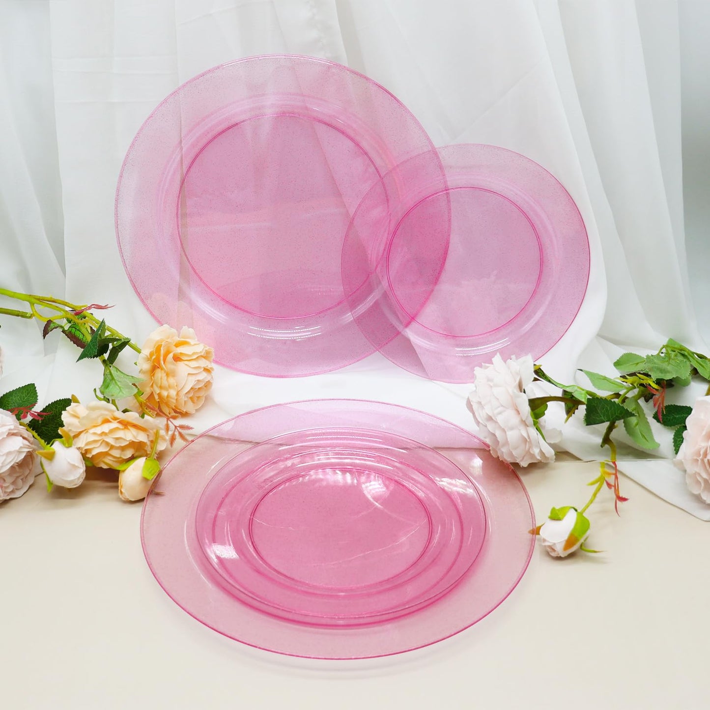joy akkess 125 PCS Hot Pink Plastic Plates with Pink Plastic Silverware include 25 Dinner Plates 10.25”, 25 Dessert Plates 7.5”, 25 Forks, 25 Knives, 25 Spoons for Birthday, Bridal Shower,Girl Party