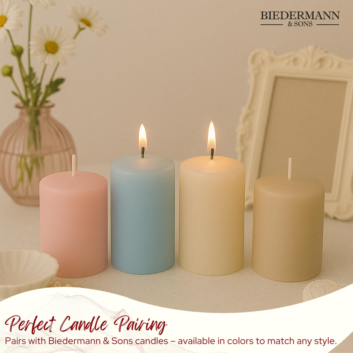 Biedermann & Sons Washed Wooden Pillar Candle Holder, White, 8 Inch Tall, Fits Up to 3 Inch Pillar Candles, Farmhouse Candle Pedestal for Table Decor and Shelves