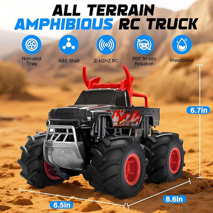 BainGesk Remote Control Monster Truck Toys 1:16 Amphibious Waterproof RC Car 2.4GHz 4WD All Terrain Toys with 2 Rechargeable Batteries Off-Road Truck Gifts for 6 7 8 9 10 11 12 Year Old Boys