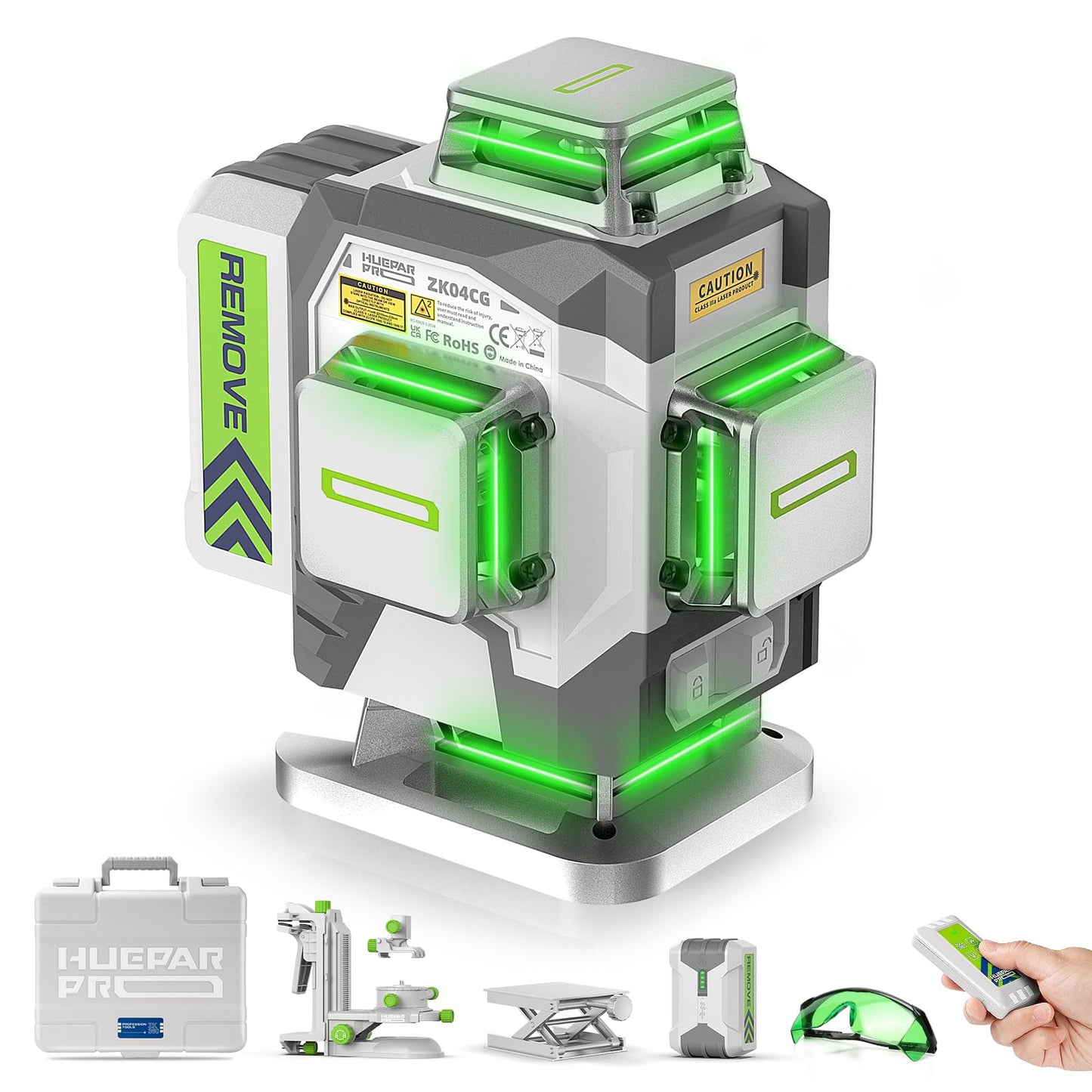 Huepar Pro Laser Level 360 Self Leveling, 4x360° Green Cross Line Laser Tool with Remote Control & Rechargeable Battery, High Accuracy 4D Laser for Construction, Magnetic Bracket -ZK04CG