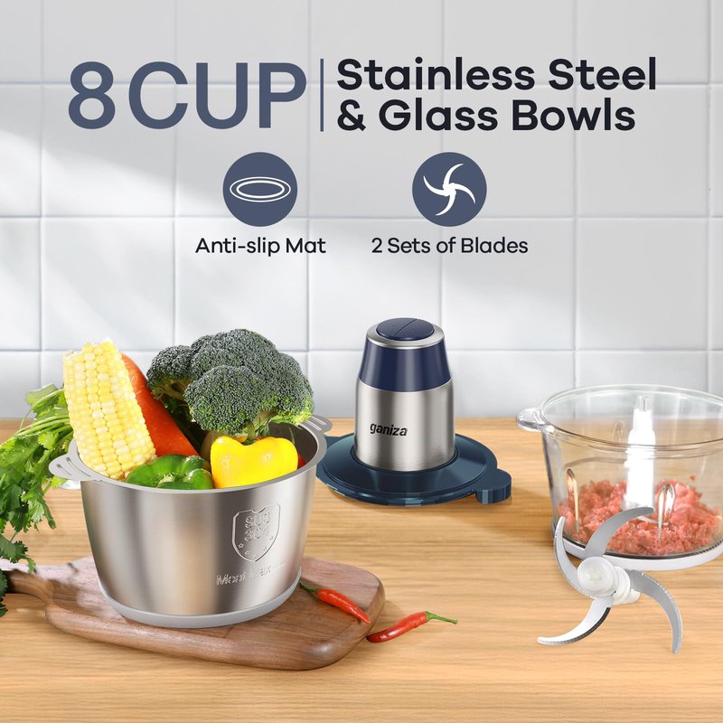GANIZA Food Processors, Electric Chopper with Meat Grinder & Veggie Chopper - 2 Bowls with Powerful Copper Motor - Includes 2 Sets of Bi-Level Blades for Baby Food/Meat (Blue, 8 Cup+8 Cup)