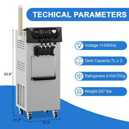 PioneerWorks Commercial Ice Cream Machine, 20-28L/H Yield, 2200W 7L X 2 Capacity, LCD Display, Auto Clean Adjustable Hardness 3 Flavor for Restaurant Snack Bars