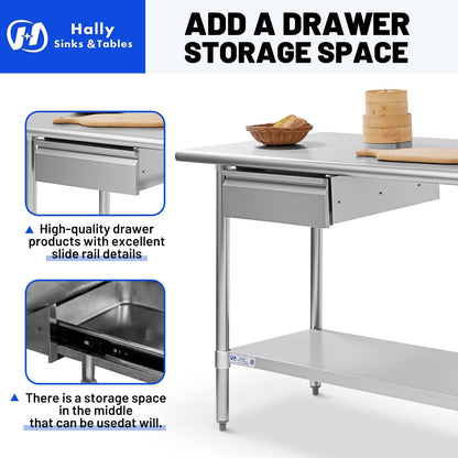 Hally 24 x 60 Inch Stainless Steel Prep Table, NSF Certified Commercial Kitchen Work Table with Drawer, Removable Stainless Steel Pan, Undershelf and Removable Hook for Restaurant Home Garage