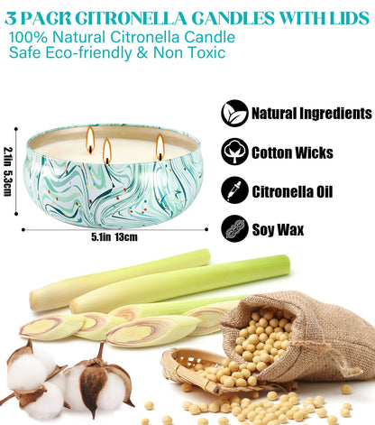 Citronella Candles Outdoor, 3 Pack 12oz Large Citronella Candle 3-Wick Natural Soy Wax Summer Candle Set 240 Hours Long Lasting Burning Huge Scented Outdoor Indoor Candles for Garden Yard (Blue)