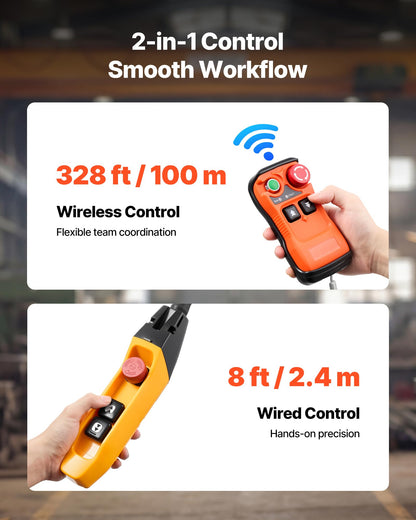 VEVOR 2-Speed Electric Chain Hoist 2200 lbs, G100 10ft Lifting Height, 120V 1-Phase Overhead Crane with 328ft Wireless & 8ft Wired Remote Control, Power Electric Hoist for Factory, Warehouse, Garage