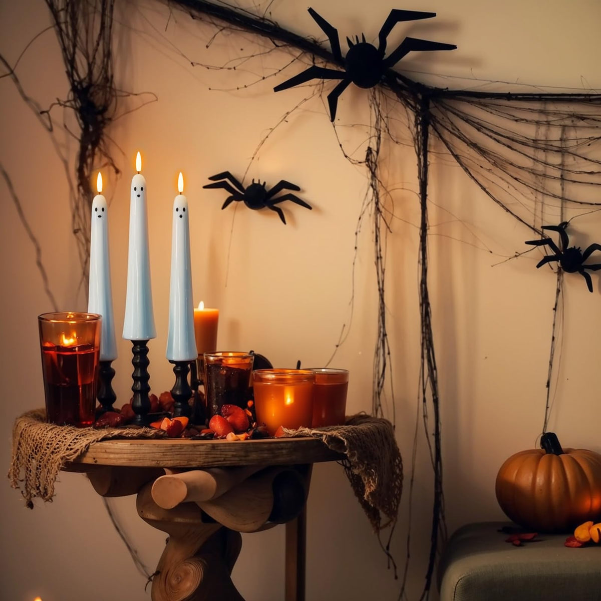 DRomance Halloween Ghost Flameless Taper Candles Flickering Battery Operated with Remote and Timer 3D Wick White Real Wax LED Taper Candles Halloween Dinner Decoration Indoor(2 Pack, 0.79"D x 9.5"H)