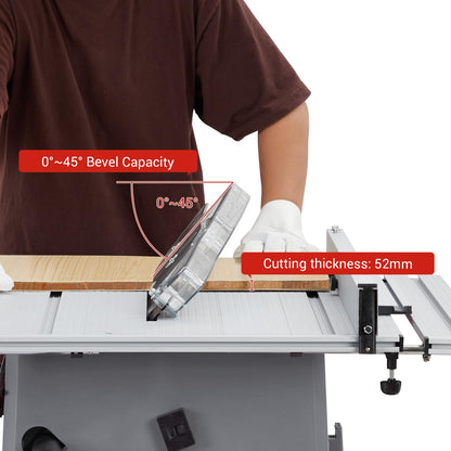 Table Saw, 10 Inch 15A Multifunctional Saw With Stand & Push Stick, 90° Cross Cut & 0-45° Bevel Cut, 5000RPM, Adjustable Blade Height for Woodworking, Grey