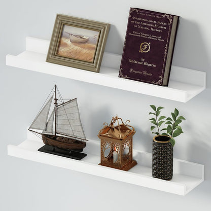 SAUMONIERES Picture Ledge Shelf Floating Book Shelves Set of 2 Wall Mounted Solid Wood for Bedroom Bathroom Living Room Kitchen, 55 Inch White