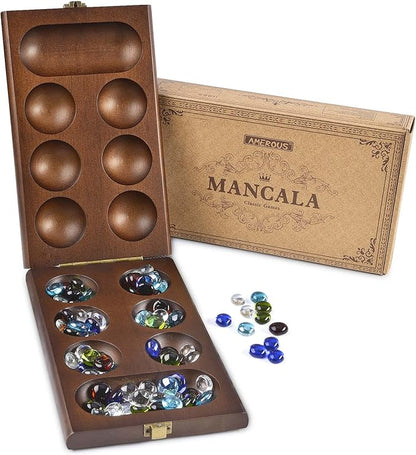 AMEROUS Wooden Mancala Board Game Set with 72+8 Bonus Multi Color Glass Stones - Folding Board - Mancala Instructions Classic Family Board Game for Kids Adults Tabletop Version